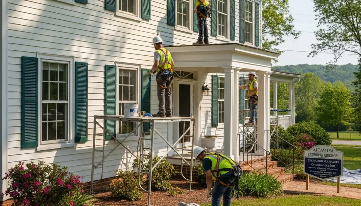 Professional painters in Lynchburg, VA painting a home exterior with brushes and ladders