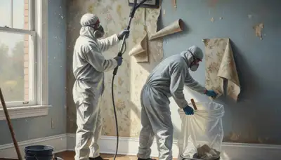 Wallpaper removal service in Lynchburg, VA, with a painter prepping walls for a smooth finish